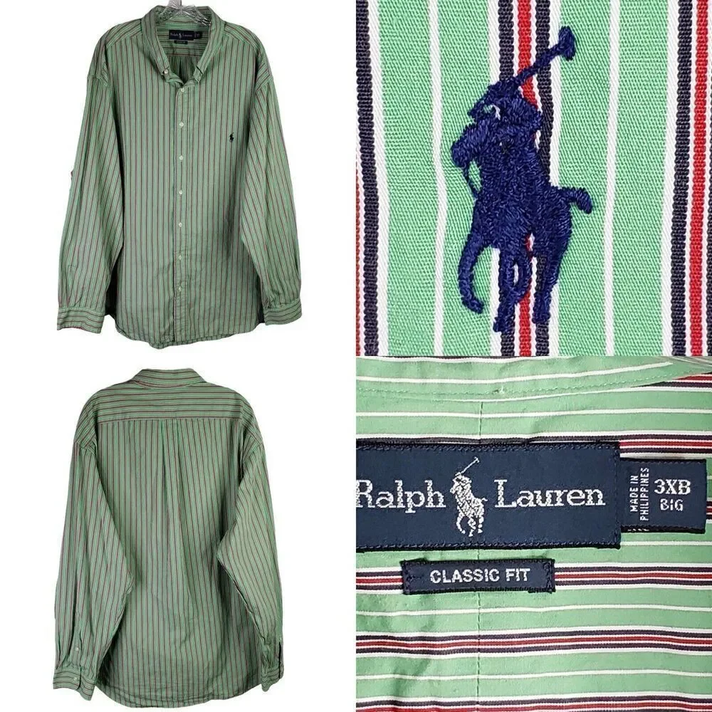 Polo Ralph Lauren Shirt Oxford Button Down Mens 3XB Green Stripe LS